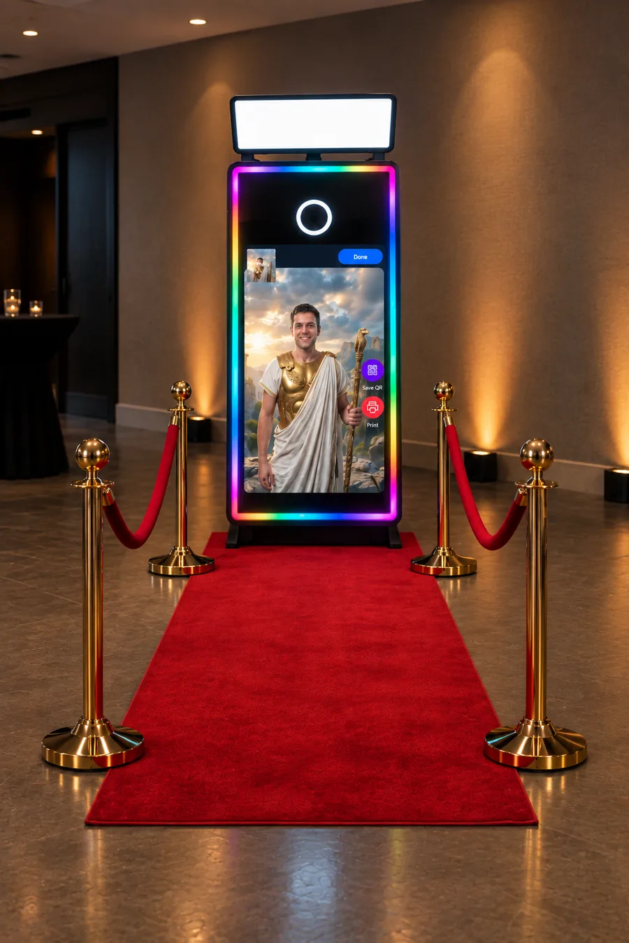 AI Magic Mirror von bootho zeigt ein KI-verwandeltes Gästefoto, davor roter Teppich mit goldenen Absperrpfosten