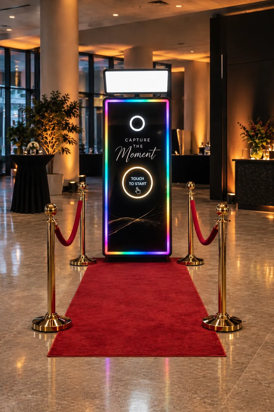 Magic Mirror von bootho mit leuchtendem Rahmen und Startbildschirm, roter Teppich und goldene Absperrpfosten im Eventfoyer